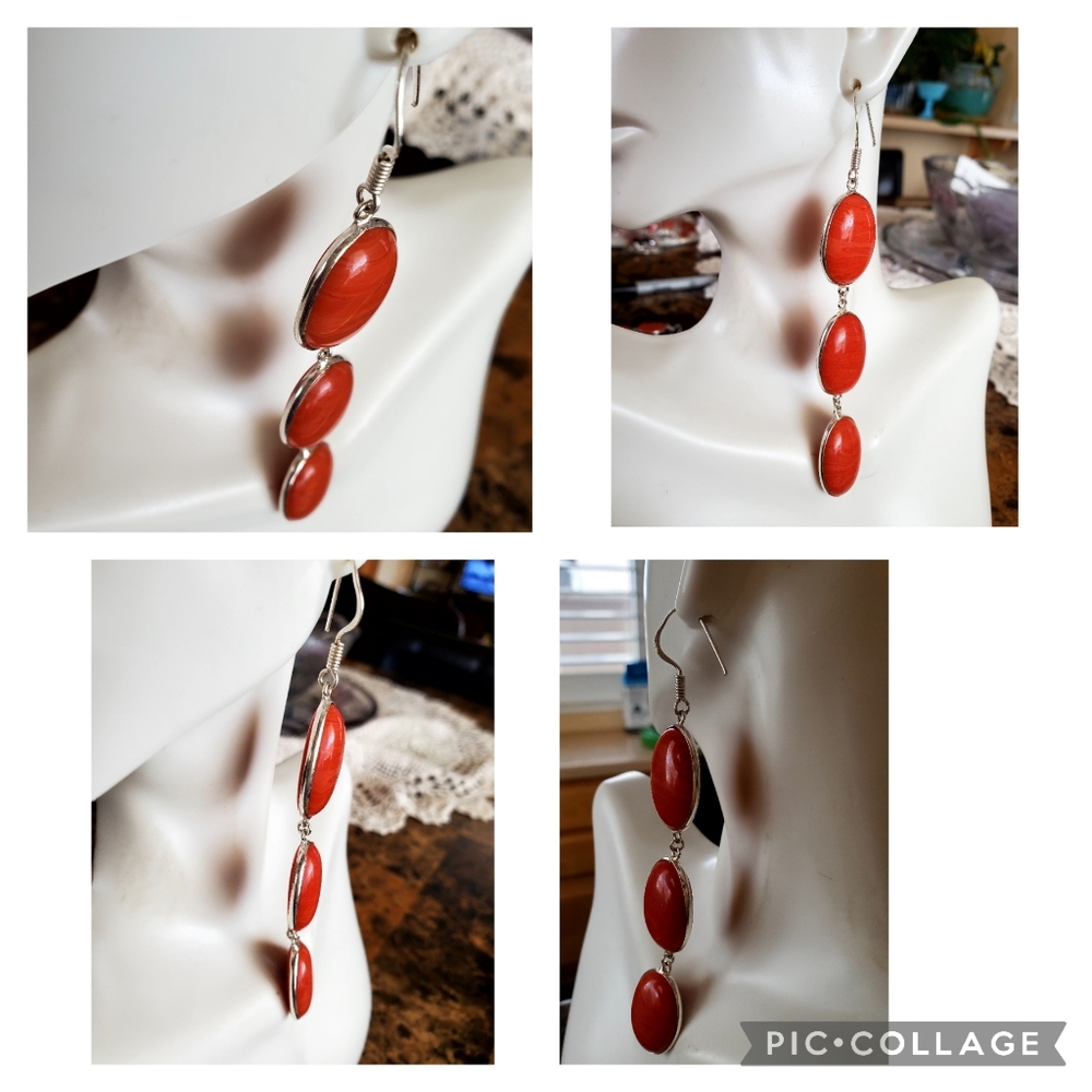 Genuine Solid Red Agate Drop Earrings 4" Long - image 2
